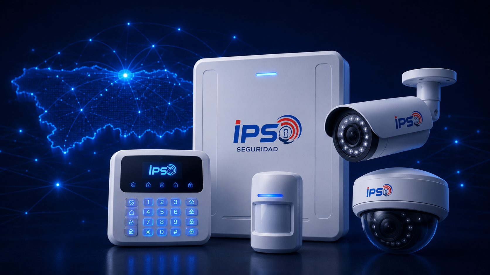 Equipos de seguridad IPS: central de alarma, teclado, detector y cámaras