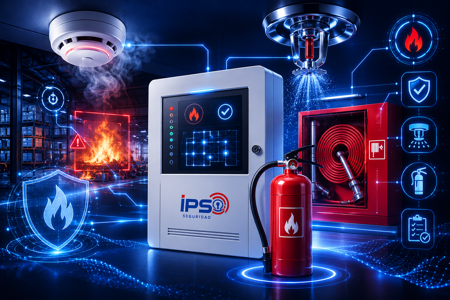 Sistemas de protección contra incendios IPS Seguridad: central, extintor, BIE y detección