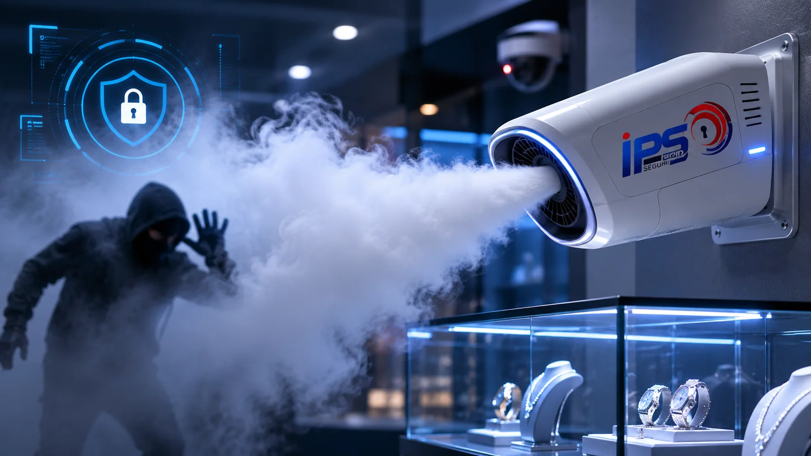 Generador de niebla IPS Seguridad protegiendo un comercio
